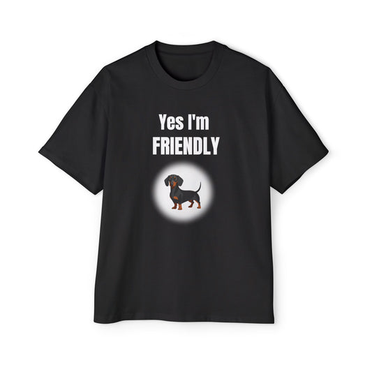 Dachshund Mini Graphic - Yes I'm friendly black T-shirt