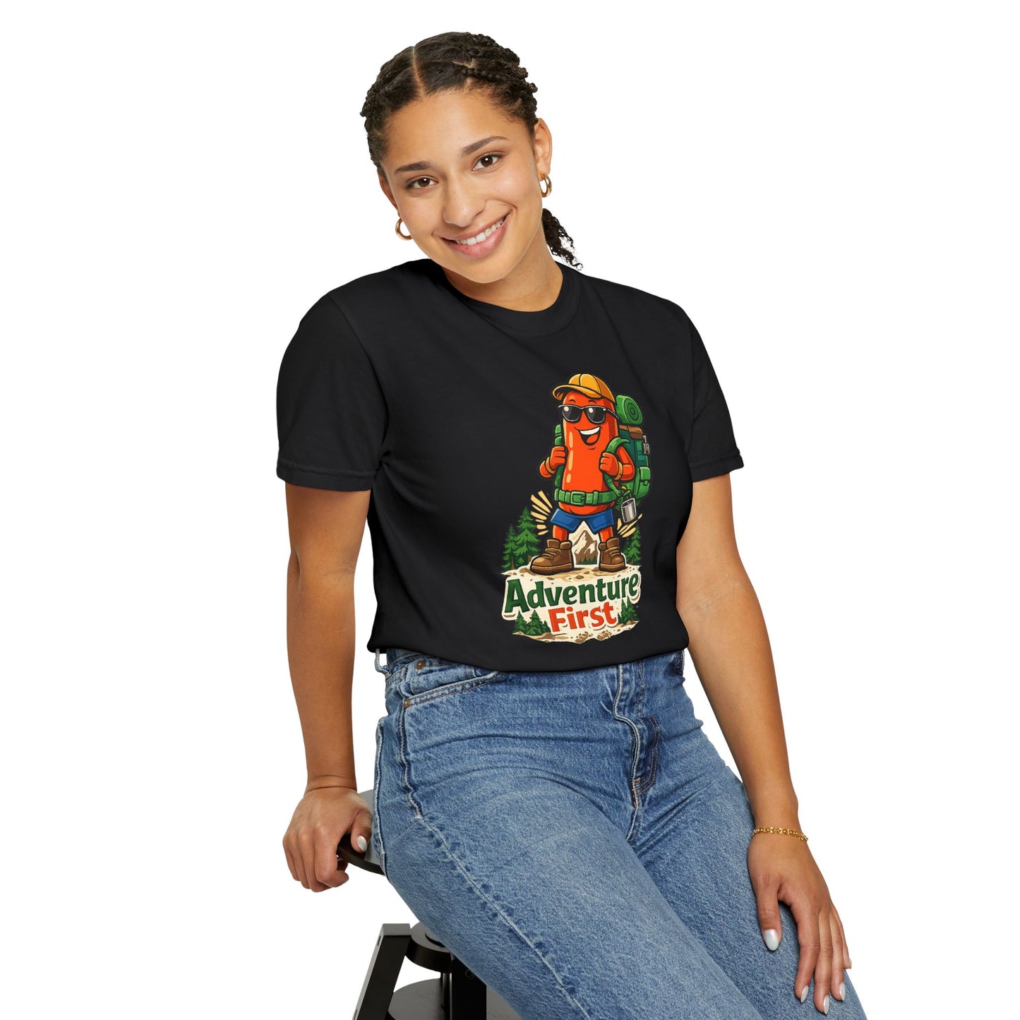 Adventure First Graphic Tee — Hiking Backpacker Badge Shirt