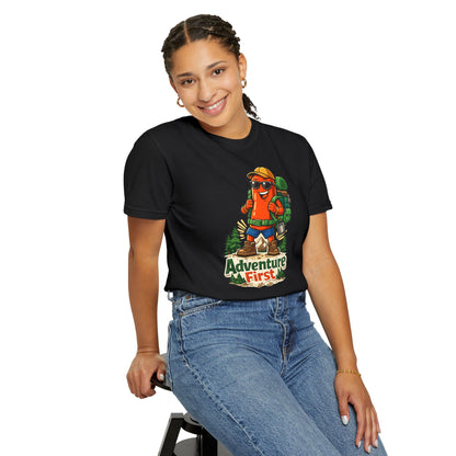 Adventure First Graphic Tee — Hiking Backpacker Badge Shirt