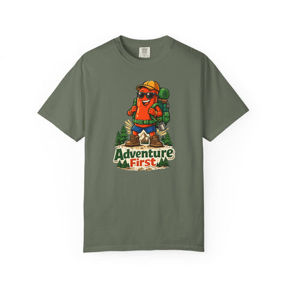 Adventure First Graphic Tee — Hiking Backpacker Badge Shirt