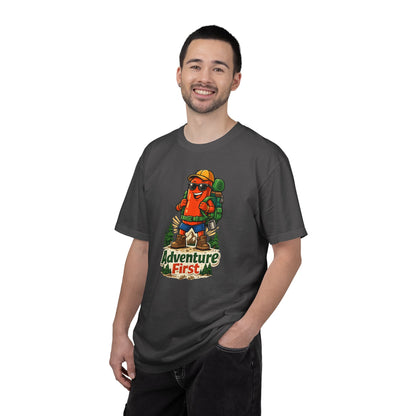 Adventure First Graphic Tee — Hiking Backpacker Badge Shirt