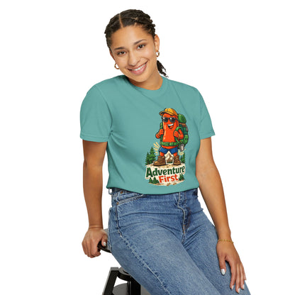 Adventure First Graphic Tee — Hiking Backpacker Badge Shirt