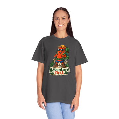 Adventure First Graphic Tee — Hiking Backpacker Badge Shirt