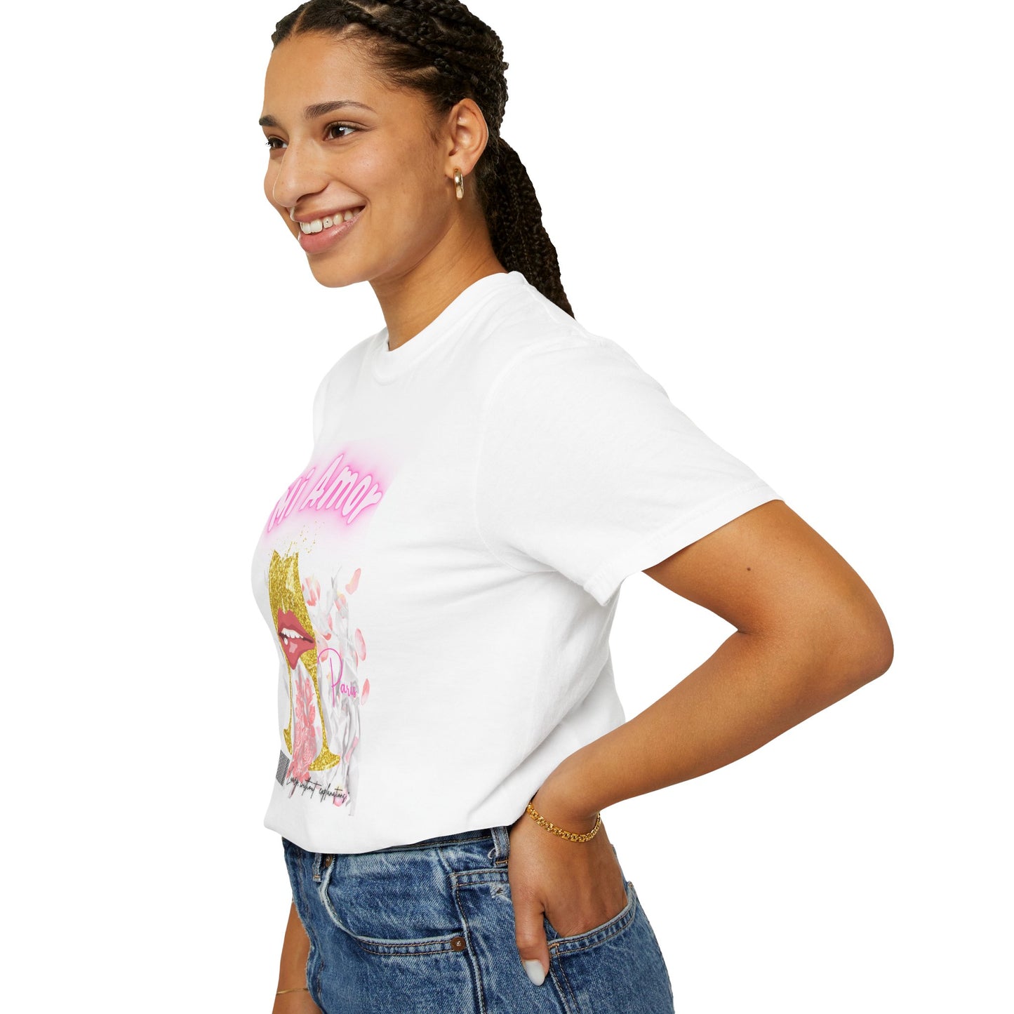 Mi Amor Graphic T-Shirt — Romantic Pink Floral Lips Design