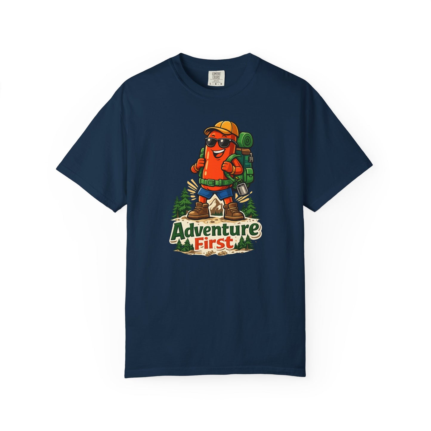 Adventure First Graphic Tee — Hiking Backpacker Badge Shirt