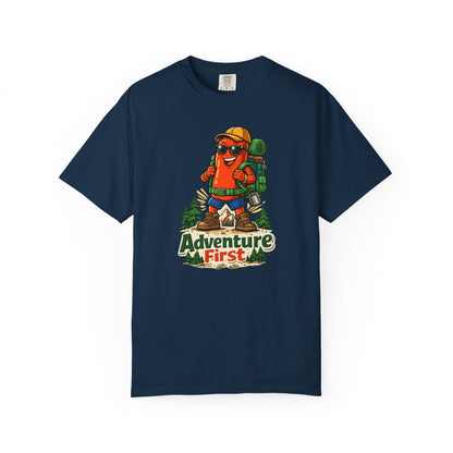 Adventure First Graphic Tee — Hiking Backpacker Badge Shirt