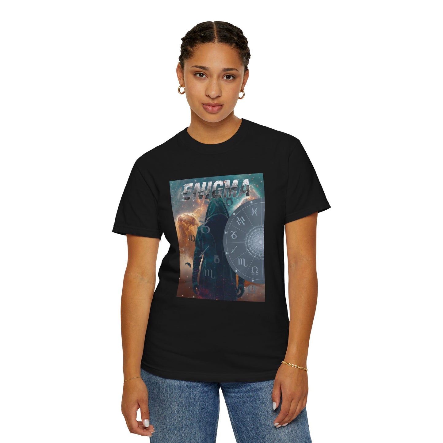 Enigma Astral T-Shirt — Zodiac Wheel & Cosmic Raven Graphic Tee