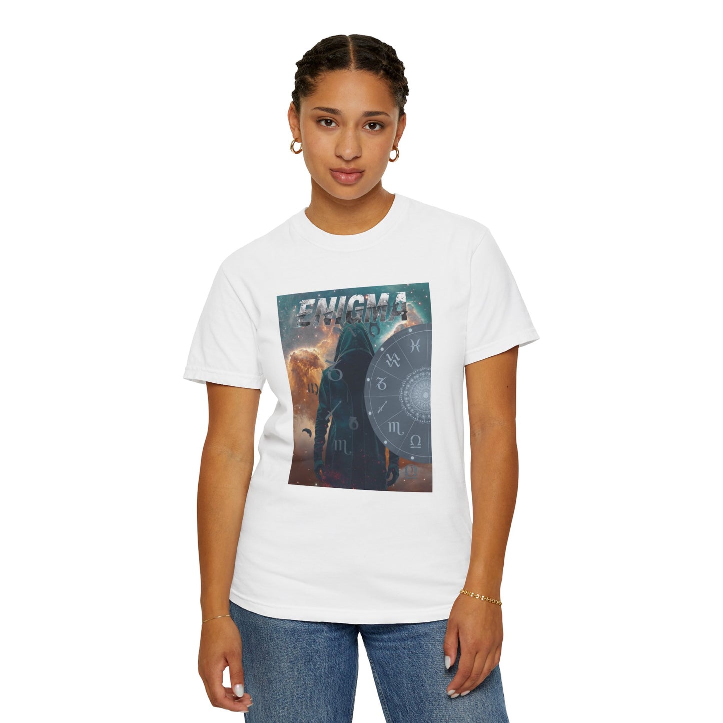 Enigma Astral T-Shirt — Zodiac Wheel & Cosmic Raven Graphic Tee