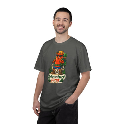 Adventure First Graphic Tee — Hiking Backpacker Badge Shirt
