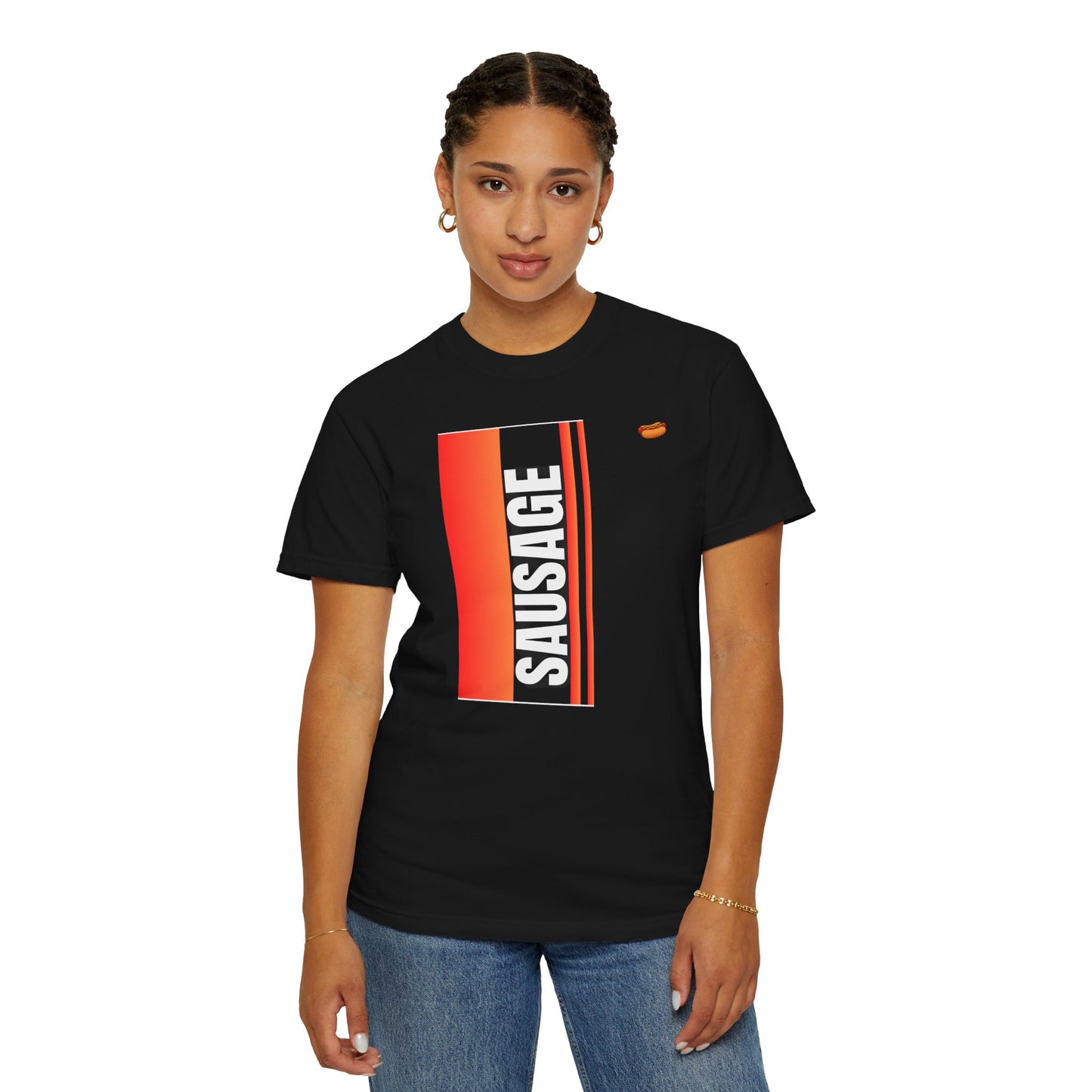 Sausage Retro Stripe T‑Shirt — Bold Vertical BBQ Graphic Tee
