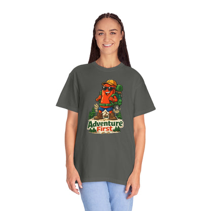 Adventure First Graphic Tee — Hiking Backpacker Badge Shirt
