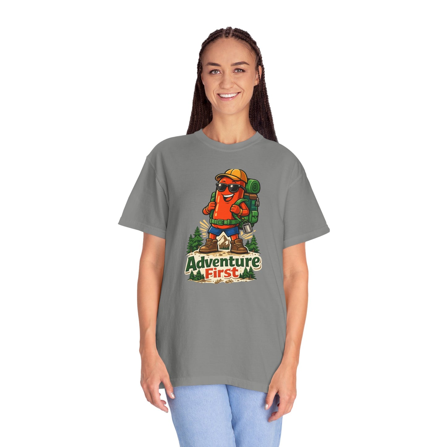 Adventure First Graphic Tee — Hiking Backpacker Badge Shirt