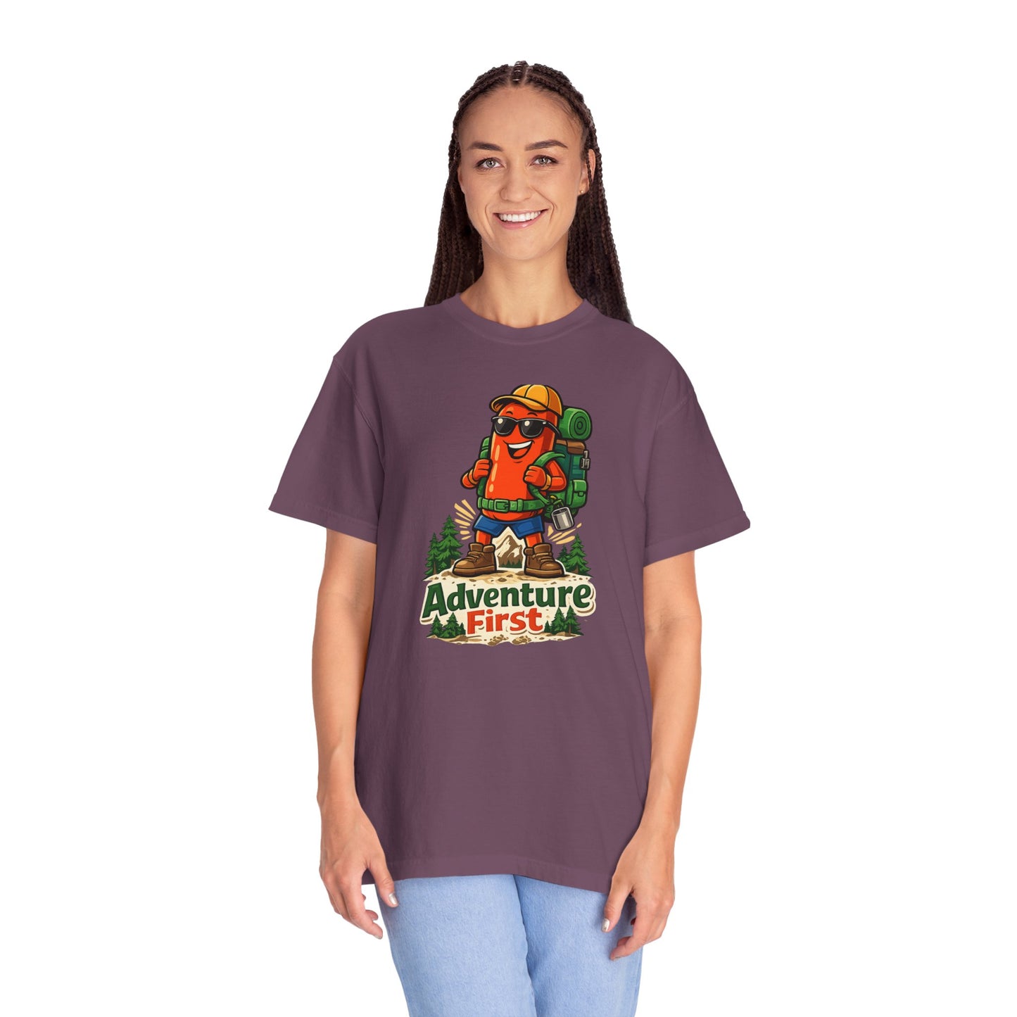 Adventure First Graphic Tee — Hiking Backpacker Badge Shirt