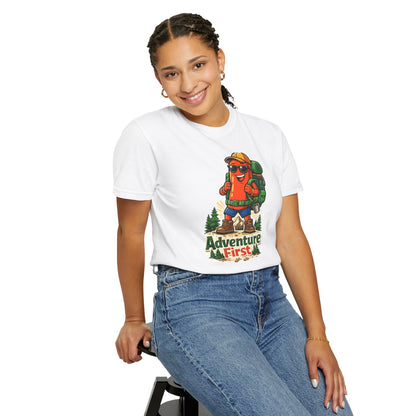 Adventure First Graphic Tee — Hiking Backpacker Badge Shirt