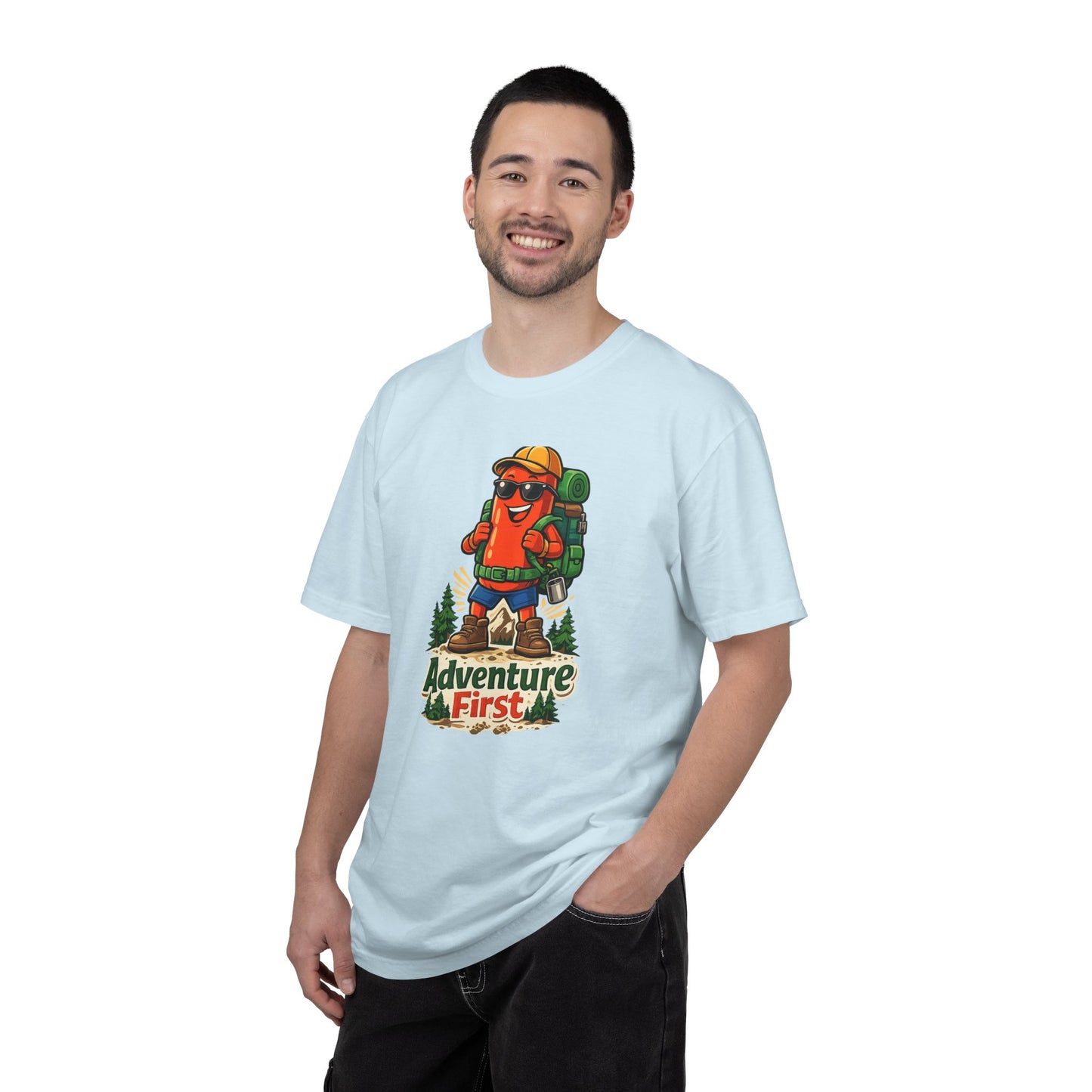Adventure First Graphic Tee — Hiking Backpacker Badge Shirt