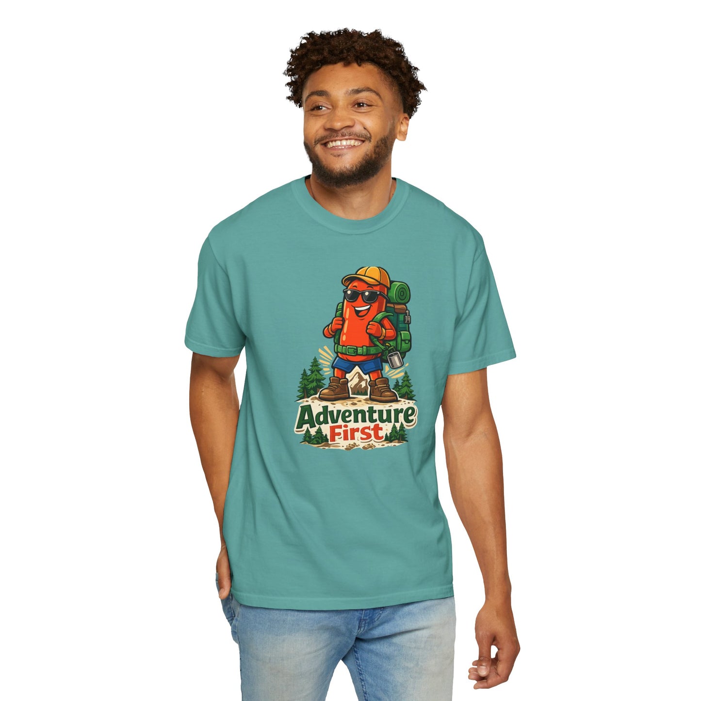 Adventure First Graphic Tee — Hiking Backpacker Badge Shirt