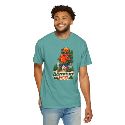 Adventure First Graphic Tee — Hiking Backpacker Badge Shirt