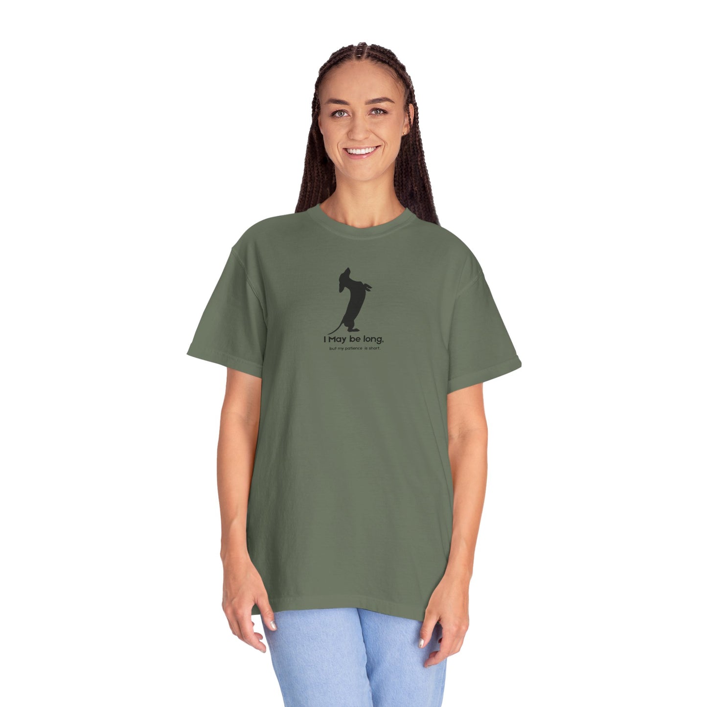 T-Shirt — Funny Tall Joke Design “I May be long, but my patience is short.”