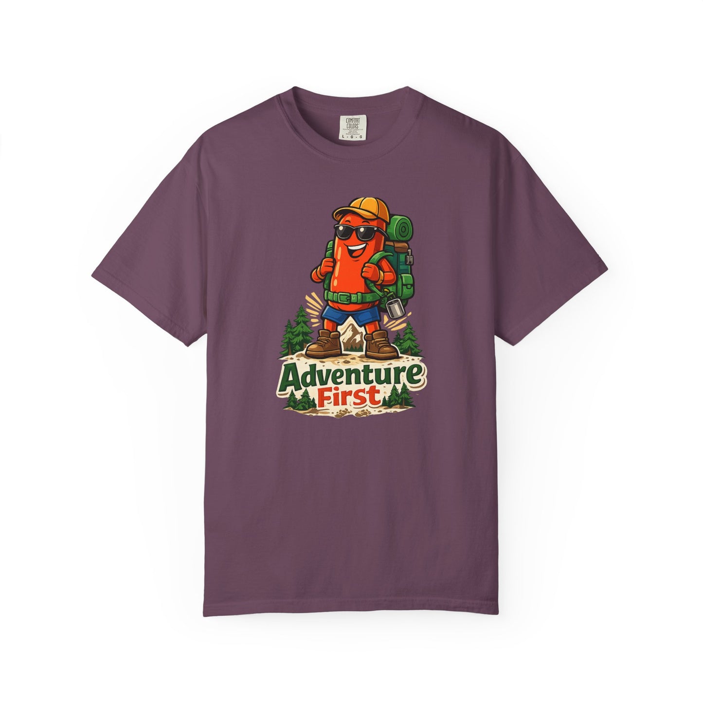 Adventure First Graphic Tee — Hiking Backpacker Badge Shirt