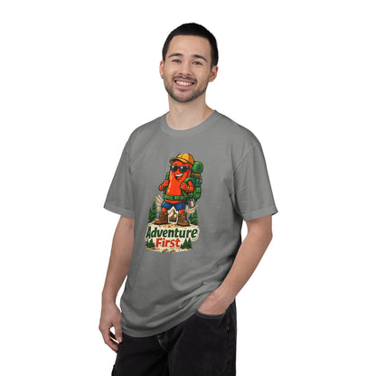Adventure First Graphic Tee — Hiking Backpacker Badge Shirt