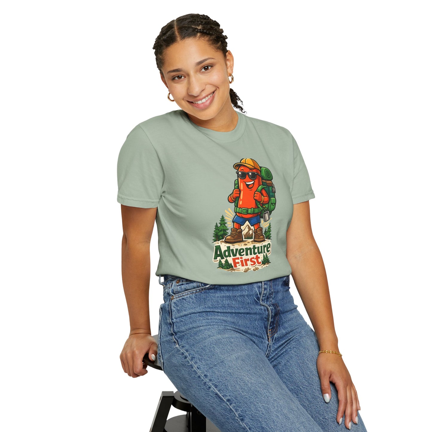 Adventure First Graphic Tee — Hiking Backpacker Badge Shirt
