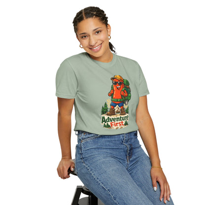 Adventure First Graphic Tee — Hiking Backpacker Badge Shirt