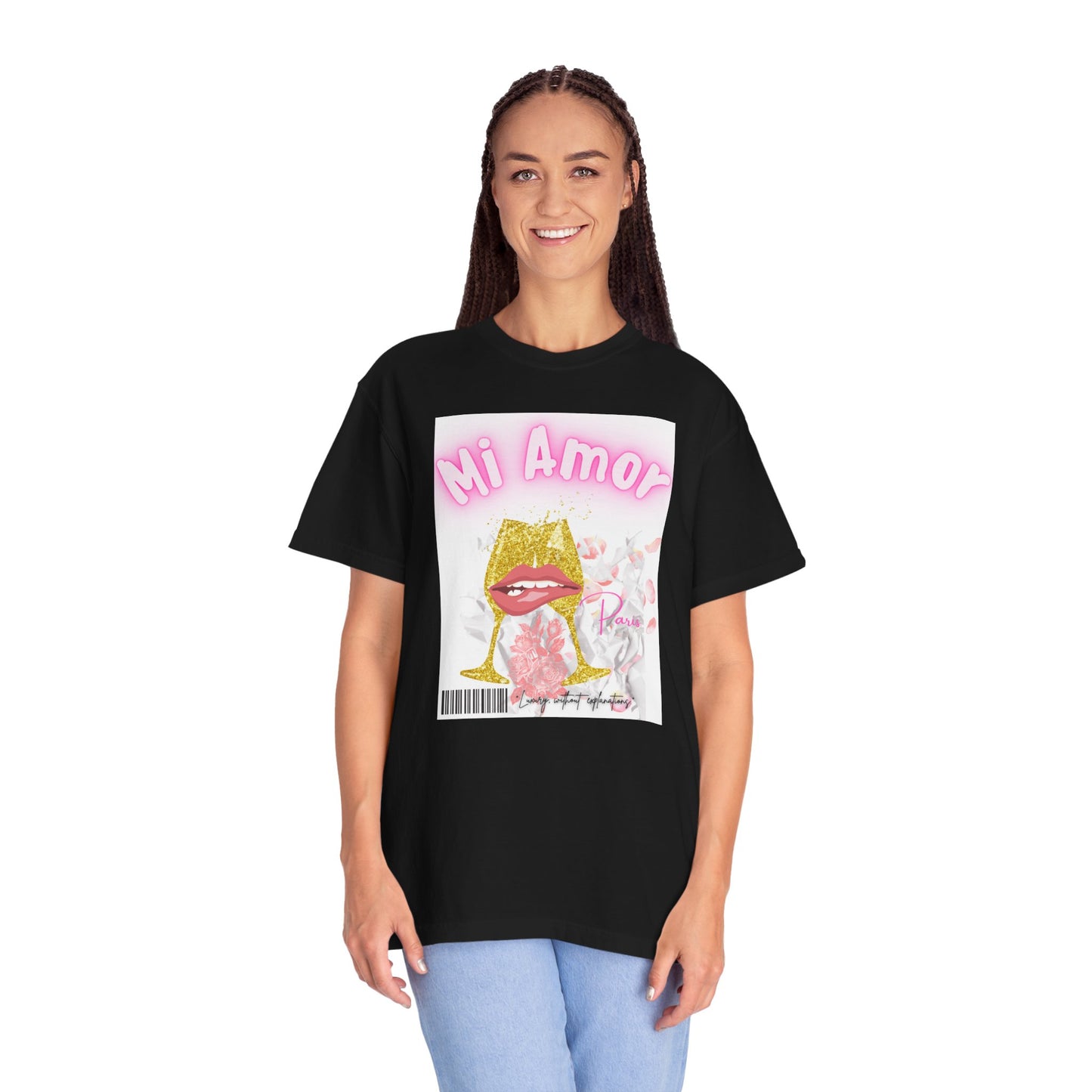 Mi Amor Graphic T-Shirt — Romantic Pink Floral Lips Design
