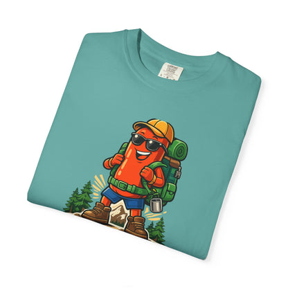 Adventure First Graphic Tee — Hiking Backpacker Badge Shirt