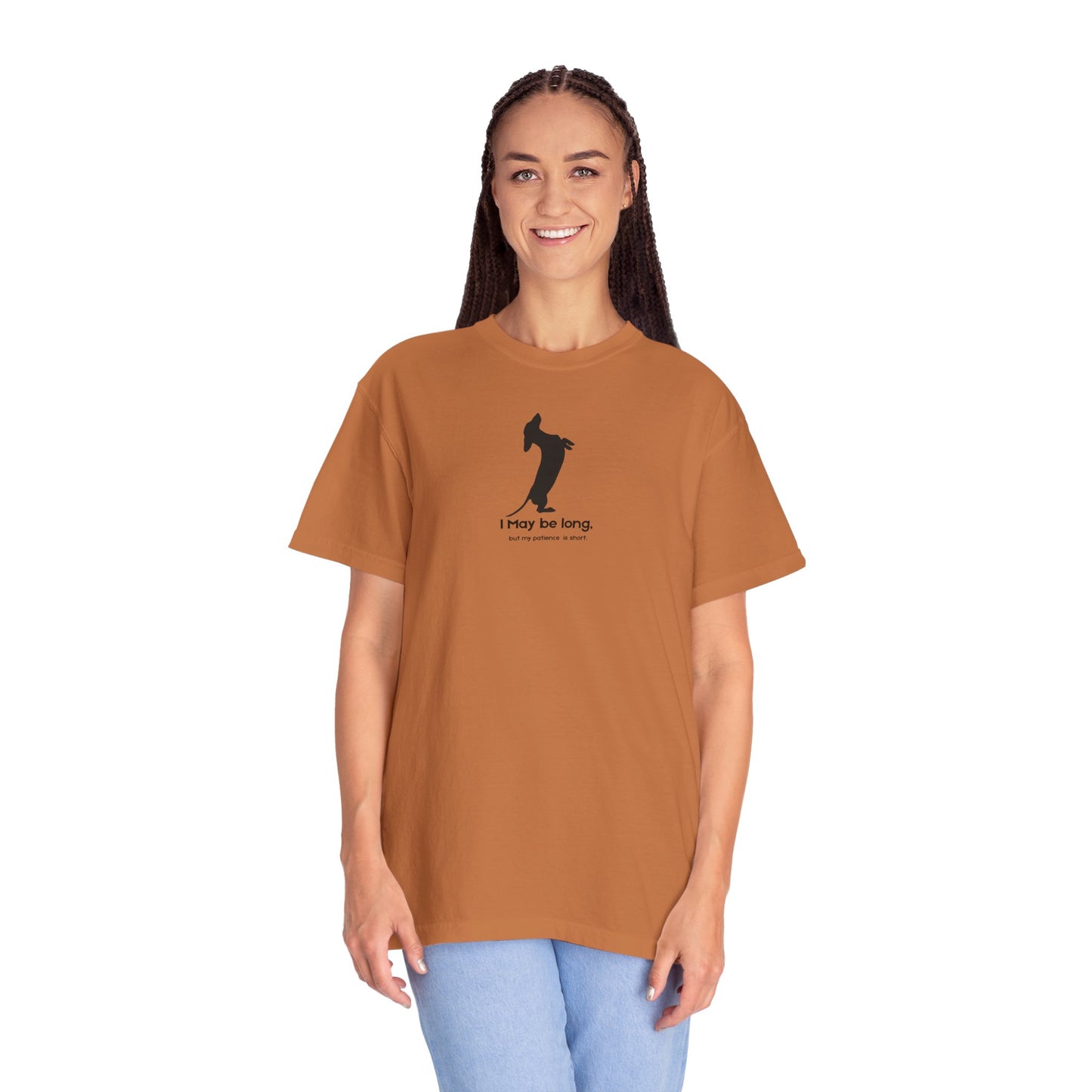 T-Shirt — Funny Tall Joke Design “I May be long, but my patience is short.”
