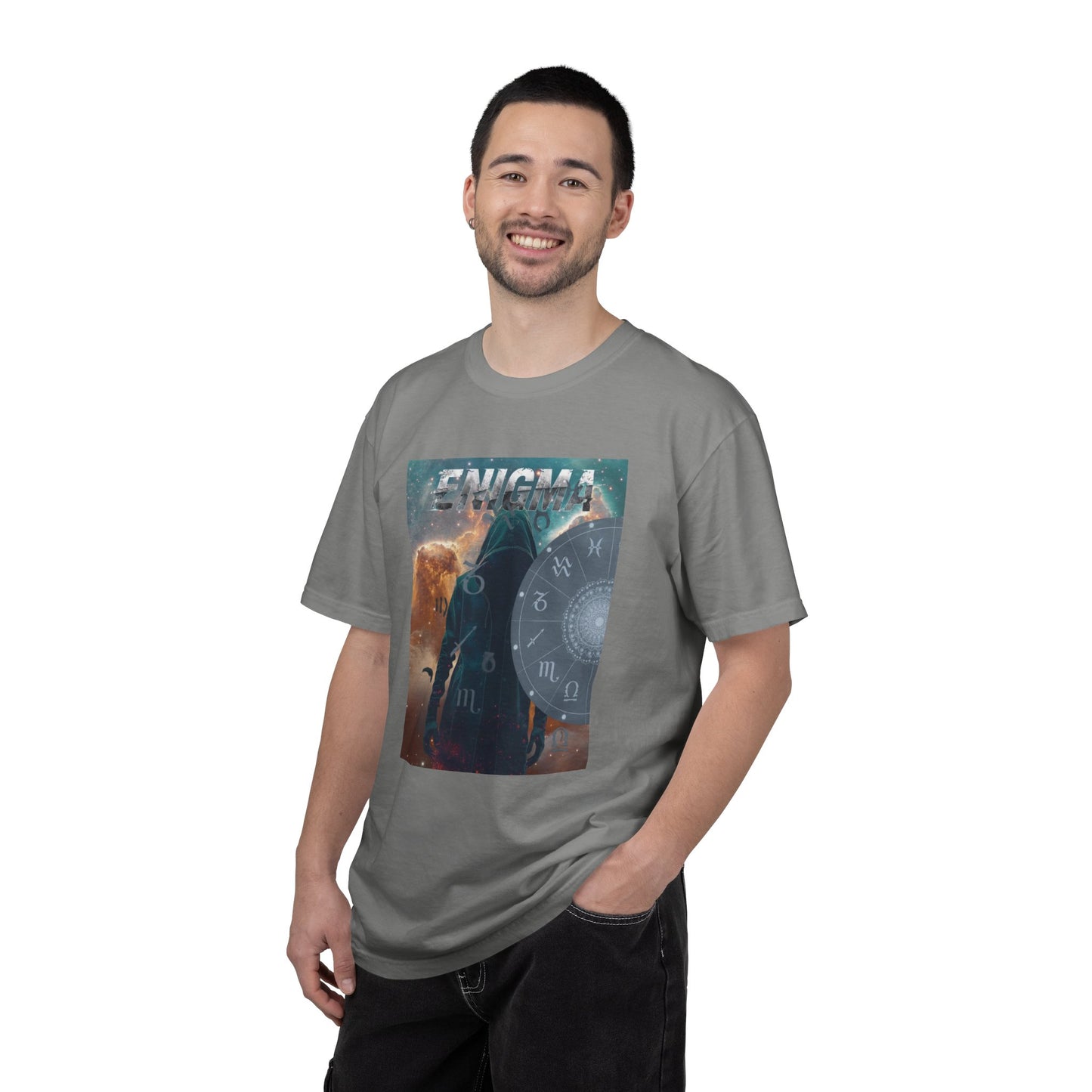 Enigma Astral T-Shirt — Zodiac Wheel & Cosmic Raven Graphic Tee
