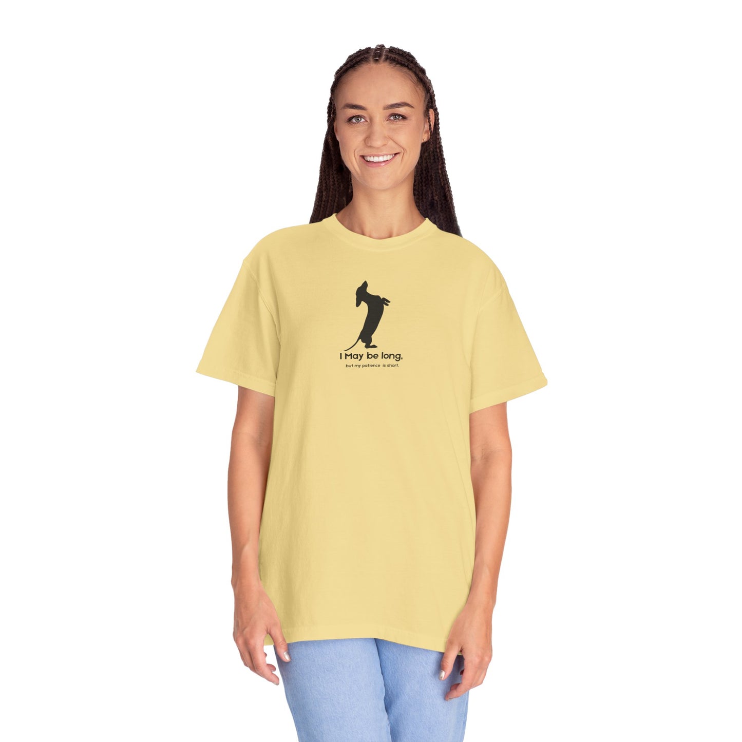 T-Shirt — Funny Tall Joke Design “I May be long, but my patience is short.”