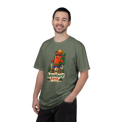 Adventure First Graphic Tee — Hiking Backpacker Badge Shirt