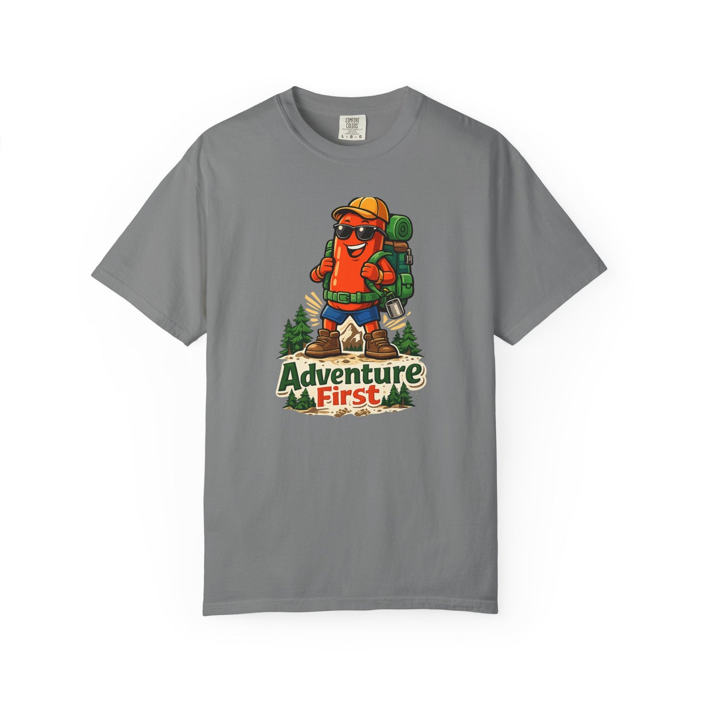 Adventure First Graphic Tee — Hiking Backpacker Badge Shirt