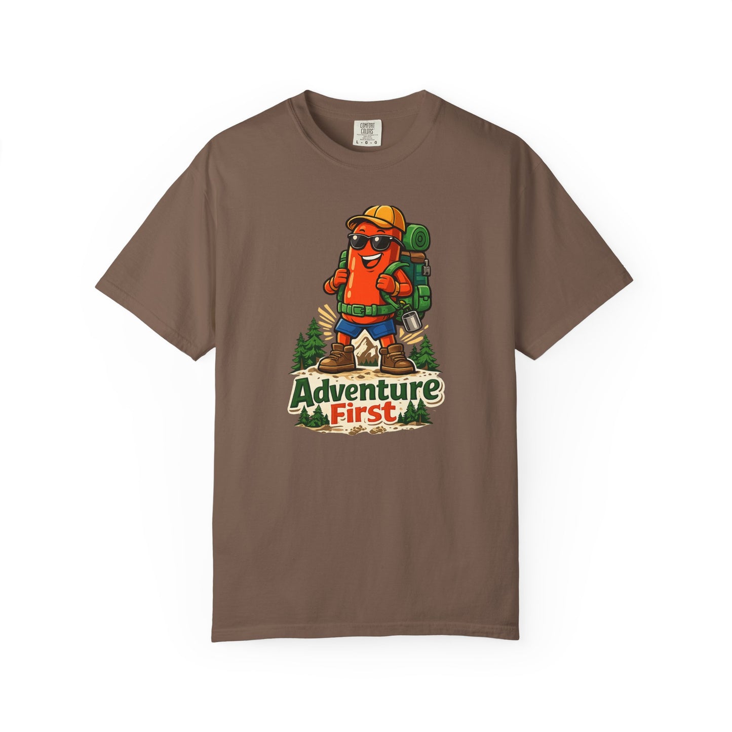 Adventure First Graphic Tee — Hiking Backpacker Badge Shirt
