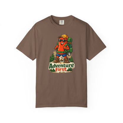 Adventure First Graphic Tee — Hiking Backpacker Badge Shirt