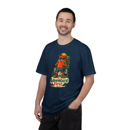 Adventure First Graphic Tee — Hiking Backpacker Badge Shirt