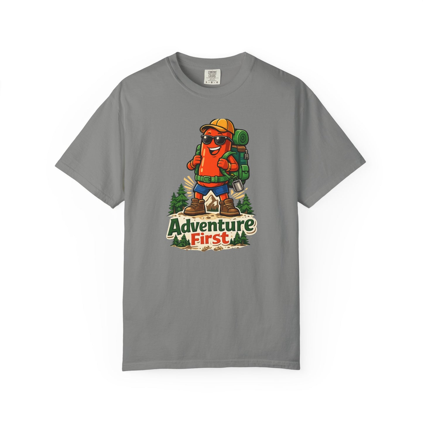 Adventure First Graphic Tee — Hiking Backpacker Badge Shirt