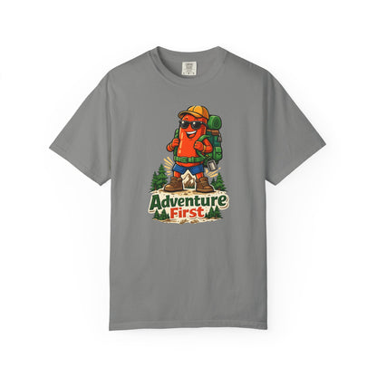 Adventure First Graphic Tee — Hiking Backpacker Badge Shirt