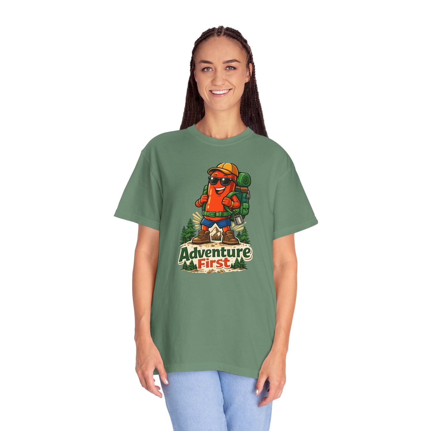 Adventure First Graphic Tee — Hiking Backpacker Badge Shirt