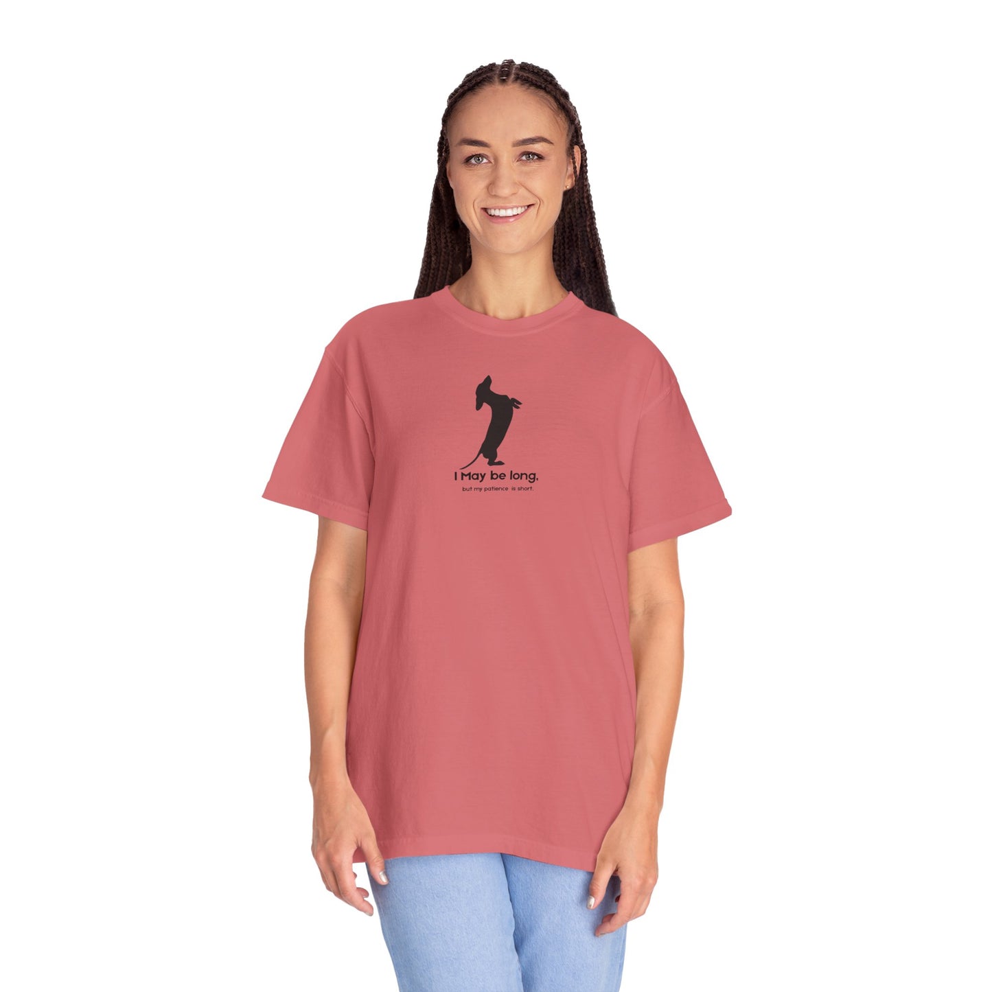 T-Shirt — Funny Tall Joke Design “I May be long, but my patience is short.”