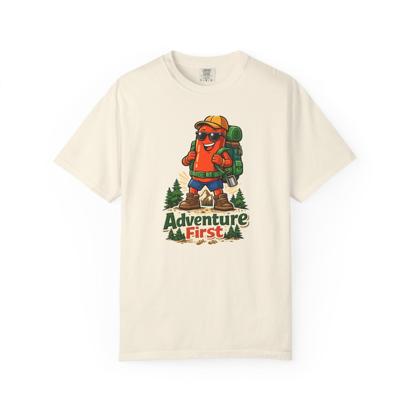 Adventure First Graphic Tee — Hiking Backpacker Badge Shirt