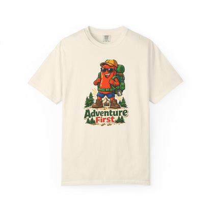 Adventure First Graphic Tee — Hiking Backpacker Badge Shirt