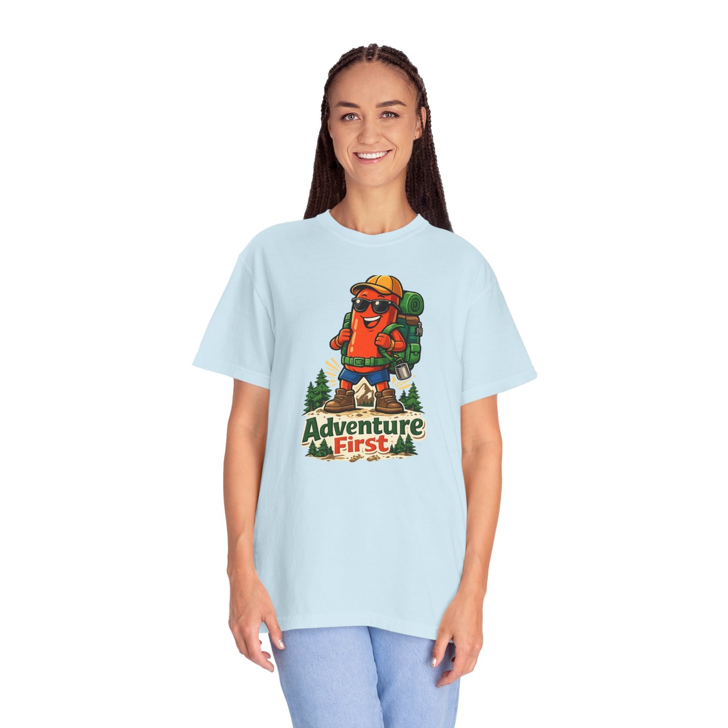 Adventure First Graphic Tee — Hiking Backpacker Badge Shirt