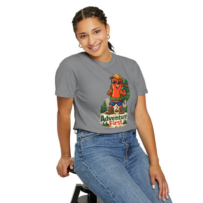 Adventure First Graphic Tee — Hiking Backpacker Badge Shirt