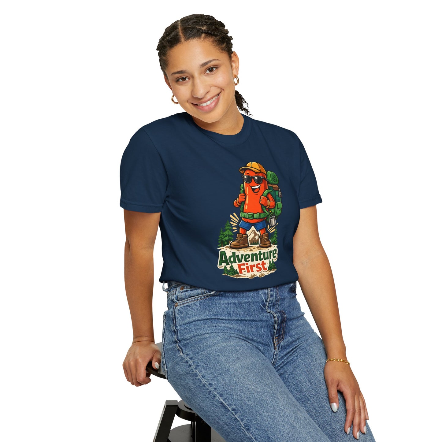 Adventure First Graphic Tee — Hiking Backpacker Badge Shirt