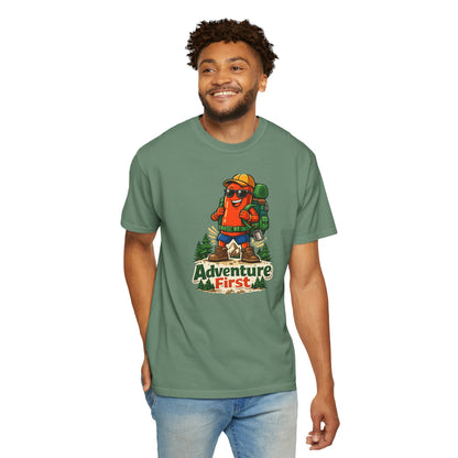 Adventure First Graphic Tee — Hiking Backpacker Badge Shirt