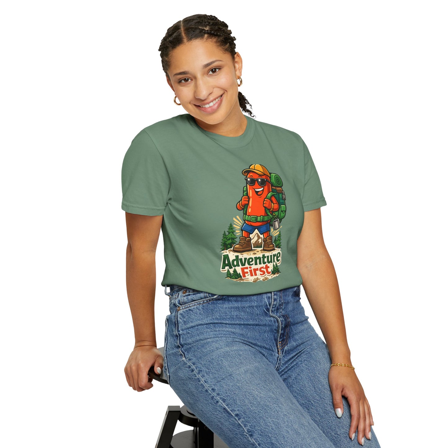 Adventure First Graphic Tee — Hiking Backpacker Badge Shirt