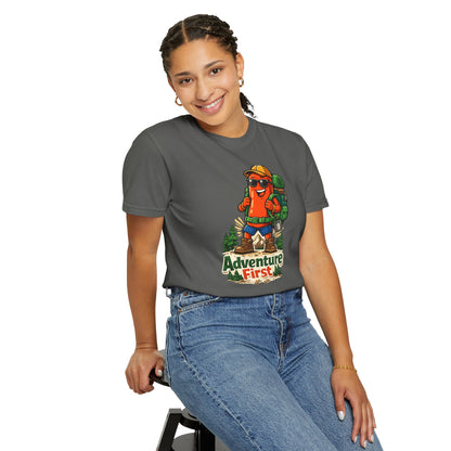 Adventure First Graphic Tee — Hiking Backpacker Badge Shirt