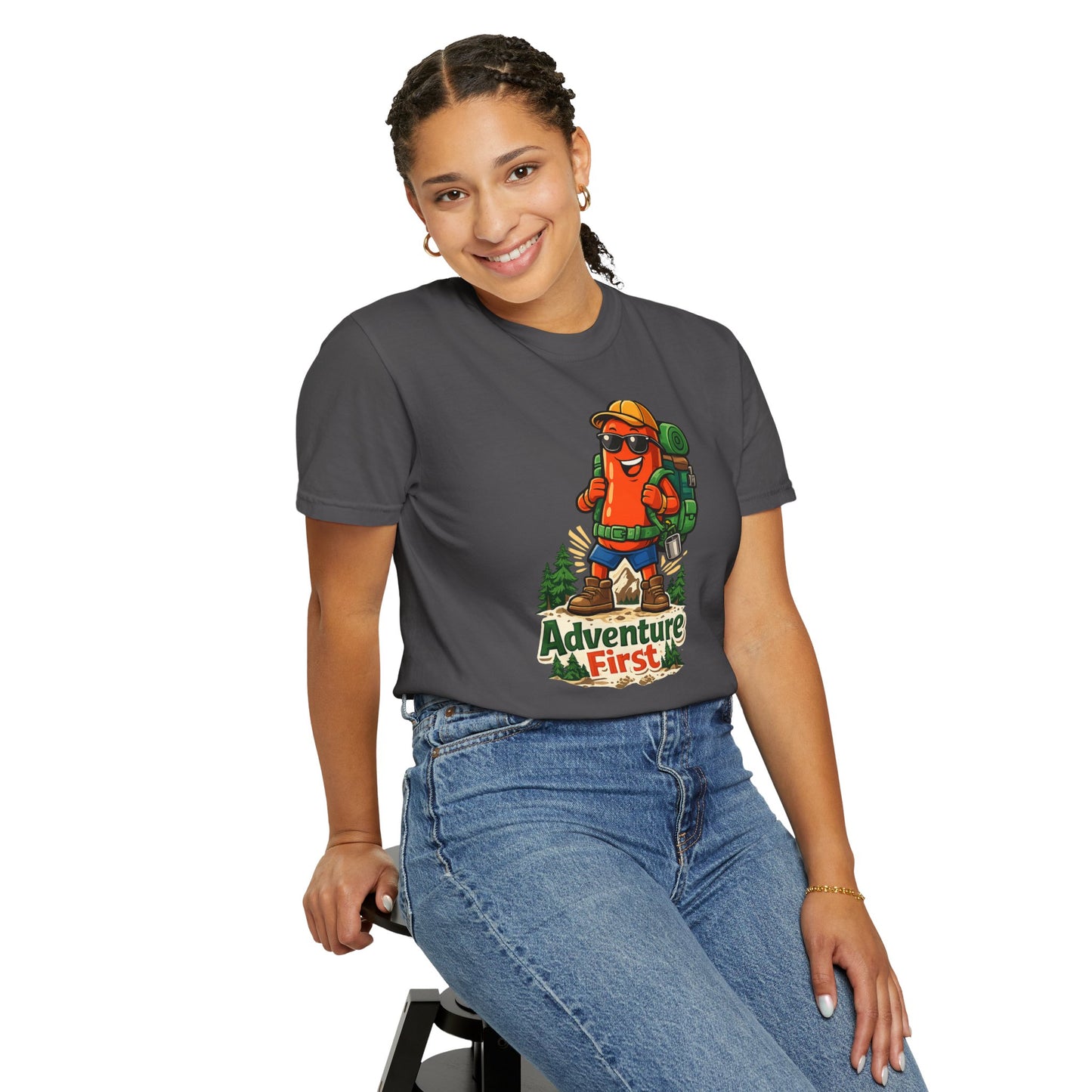 Adventure First Graphic Tee — Hiking Backpacker Badge Shirt