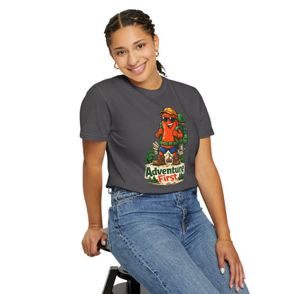 Adventure First Graphic Tee — Hiking Backpacker Badge Shirt